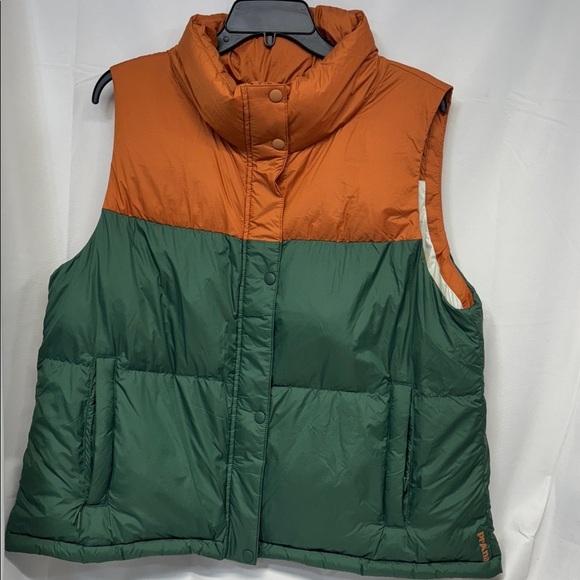 Prana Hellebore duck down puffer two tone color block zip and snap up vest L - Picture 5 of 13